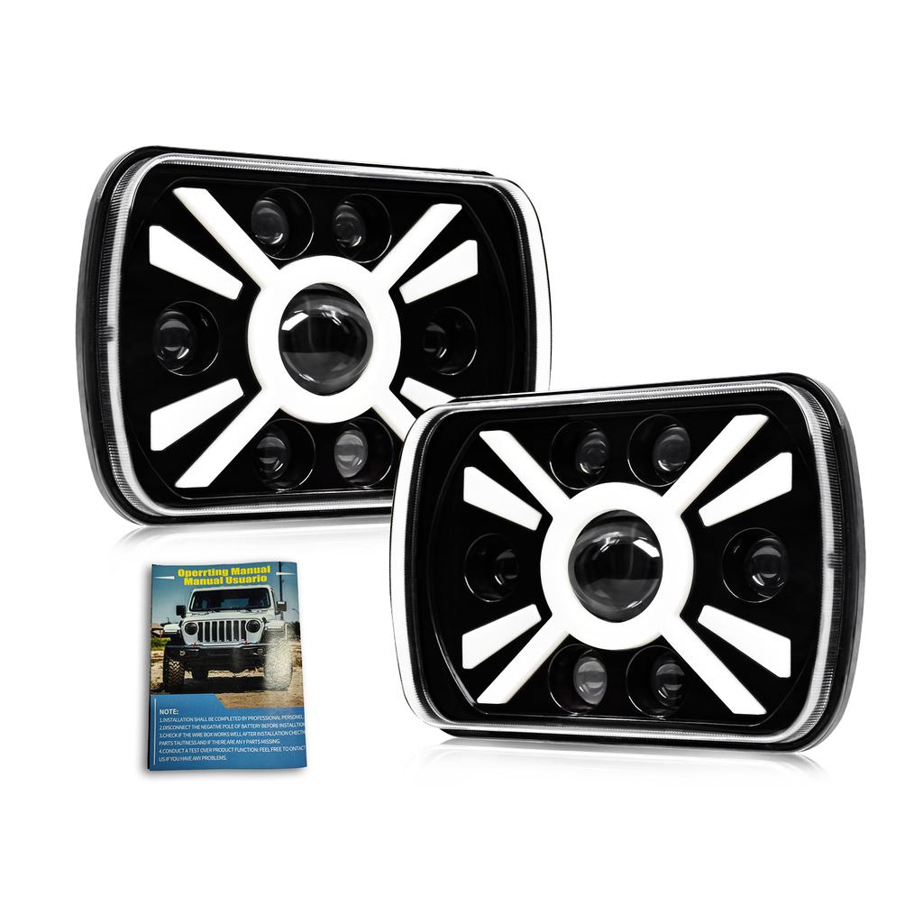 2PCS 7 Inch LED Headlights, 5x7   7x6   Rectangular LED Headlights with High Low Beam DRL Turn Signal Replacement for