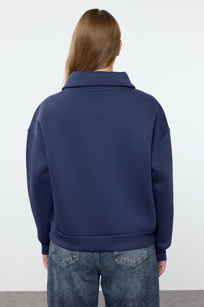 Women's Fashionable Stylish Sweatshirt Indigo Thick Inside Fleece Zippered Oversize Wide Fit Knitted Sweatshirt