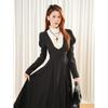 Gothic Lolita Retro Schwarz Farbblock Puffärmel Taillenbetonendes Langes Kleid