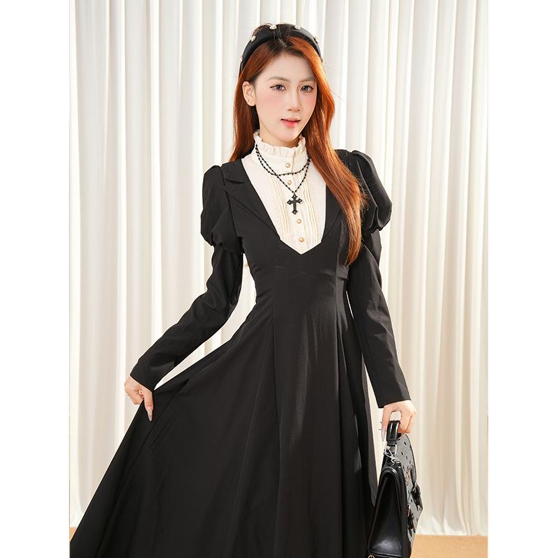 Gothic Lolita Retro Schwarz Farbblock Puffärmel Taillenbetonendes Langes Kleid