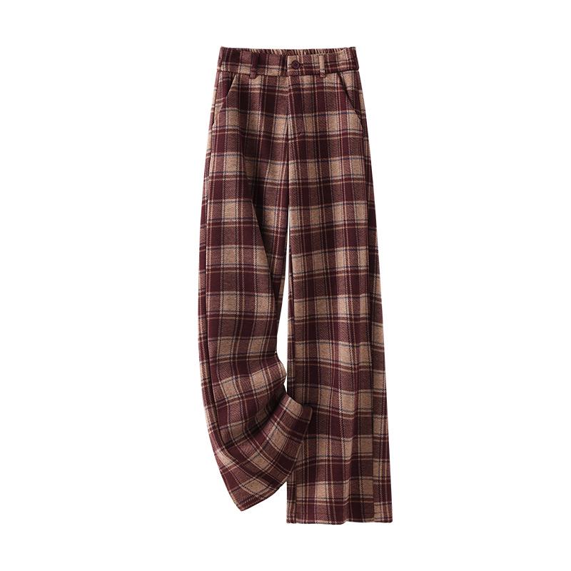 Women's Winter Plaid Wool High-Waisted Straight-Leg Cashmere Pants - Slimming, Loose, and Stylish