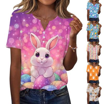 Camiseta feminina estampada botão manga curta diário fim de semana moda básica decote em v regular top