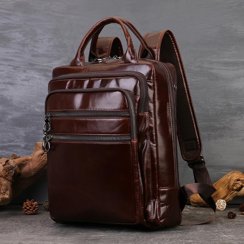 Leather Backpack Men's Business Computer Bag, Casual and Versatile Travel Schoolbag