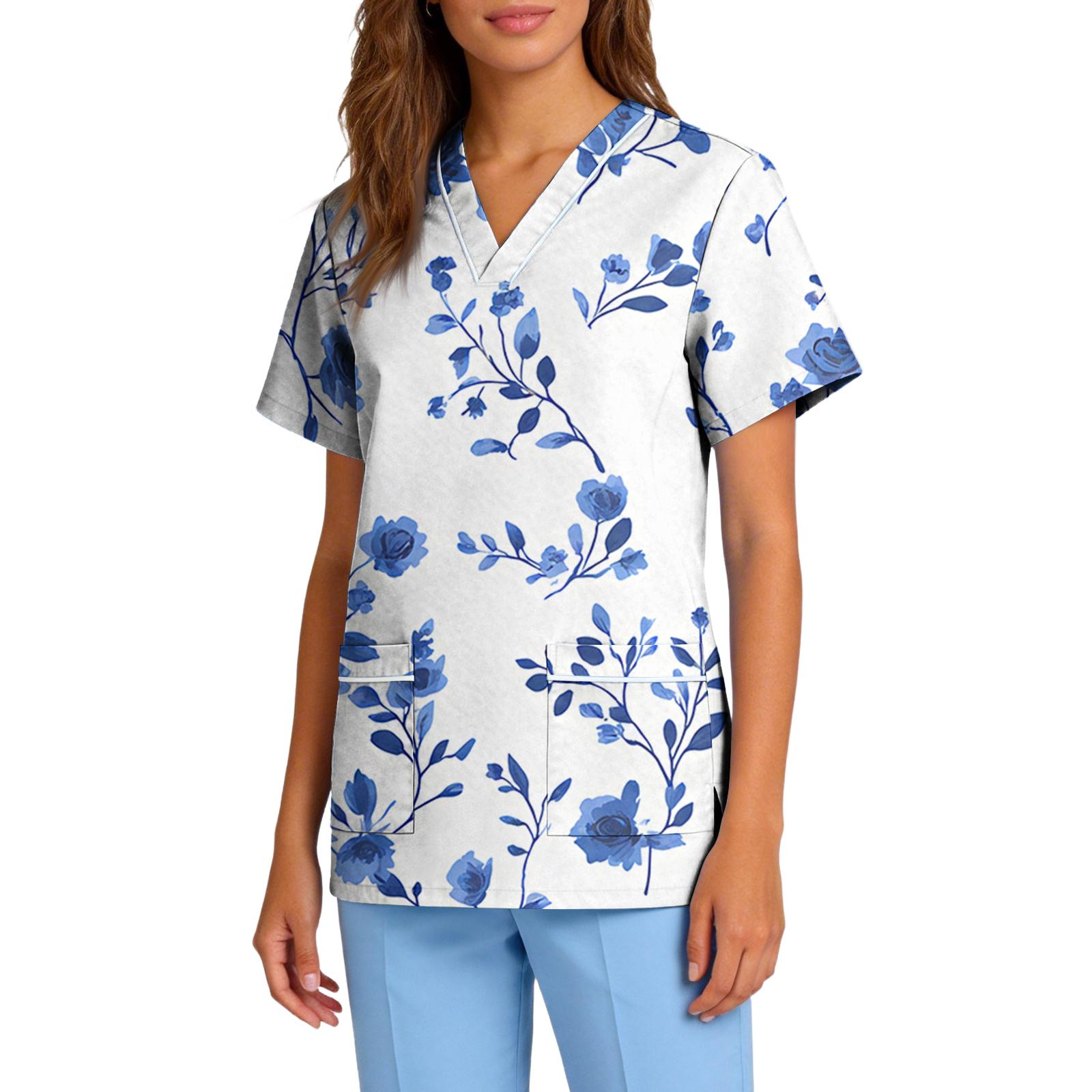 

Women Stretch Quick Dry V Neck Pocket Short Sleeve Floral Printed Scrub Top for Nurse Caregiver Work Uniforms XXL синий