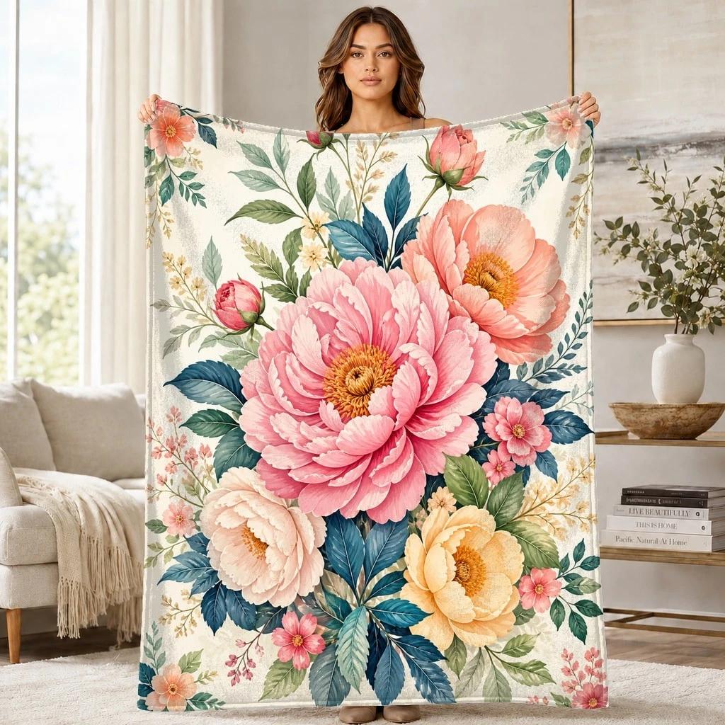 Blush Peony Bouquet Coral Fleece Blanket