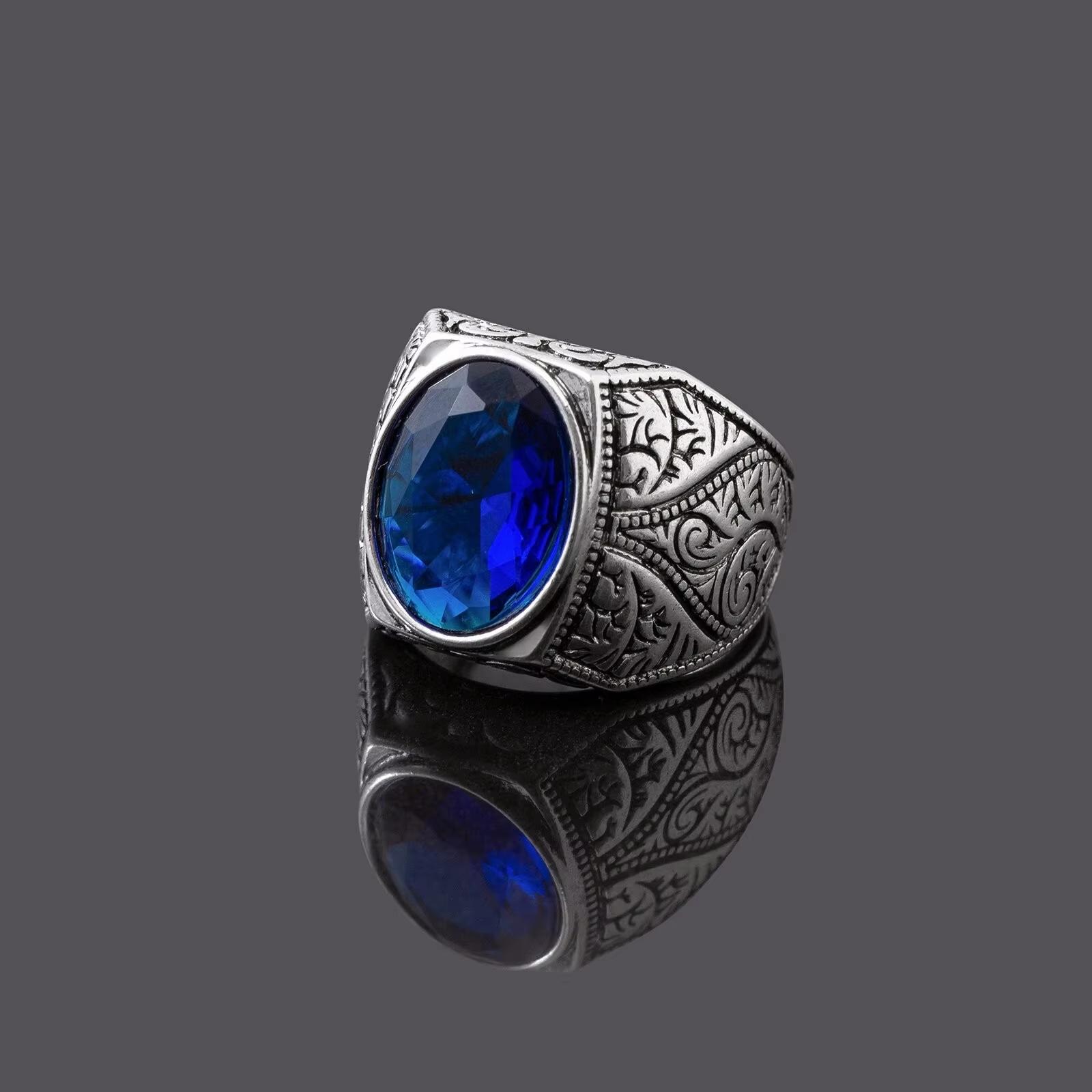 

Wholesale Retro Party Jewelry Hot-Selling Cross-Border Turkish Style Oval Sapphire Ring for Men Silver Plated 7 синий