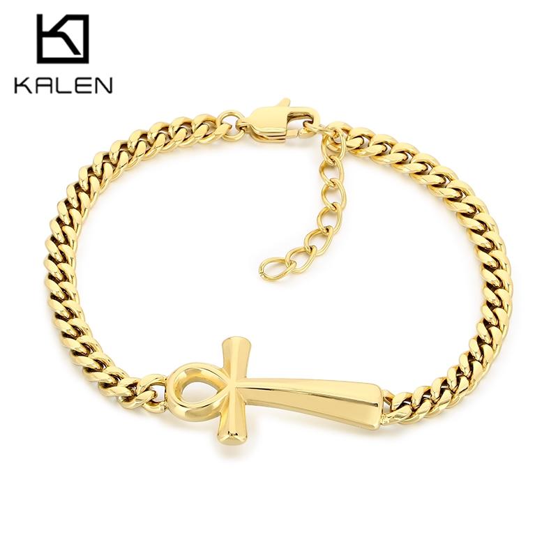 Stainless Steel Cross Bracelet for Men Women Polished Symbol Curb Chain Wristband Gold Color Adjustable Jewelry for Daily Wear