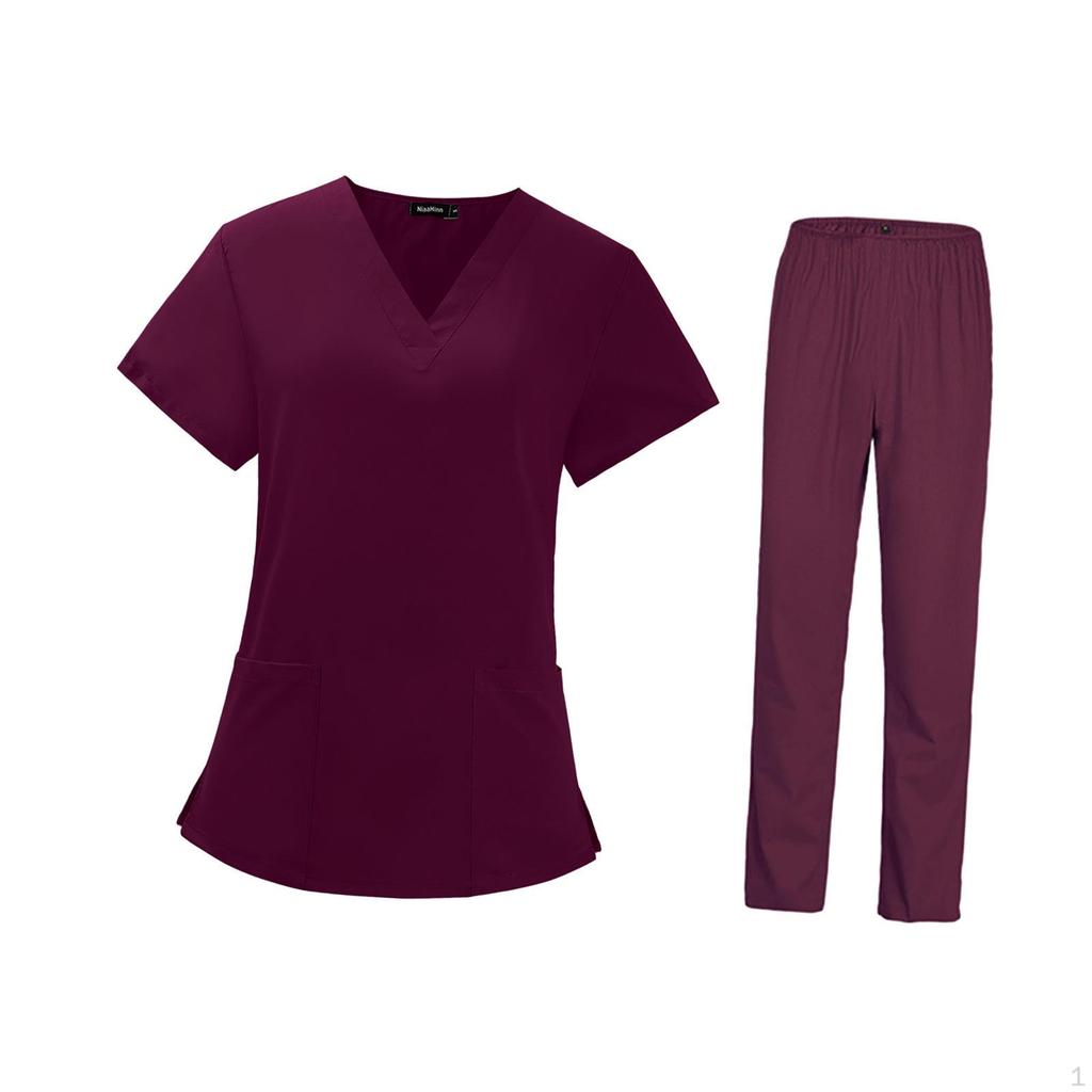 Female Nurse Scrubs Uniform Set Red Nursing Workwear V Neck Top for Groomer Worker