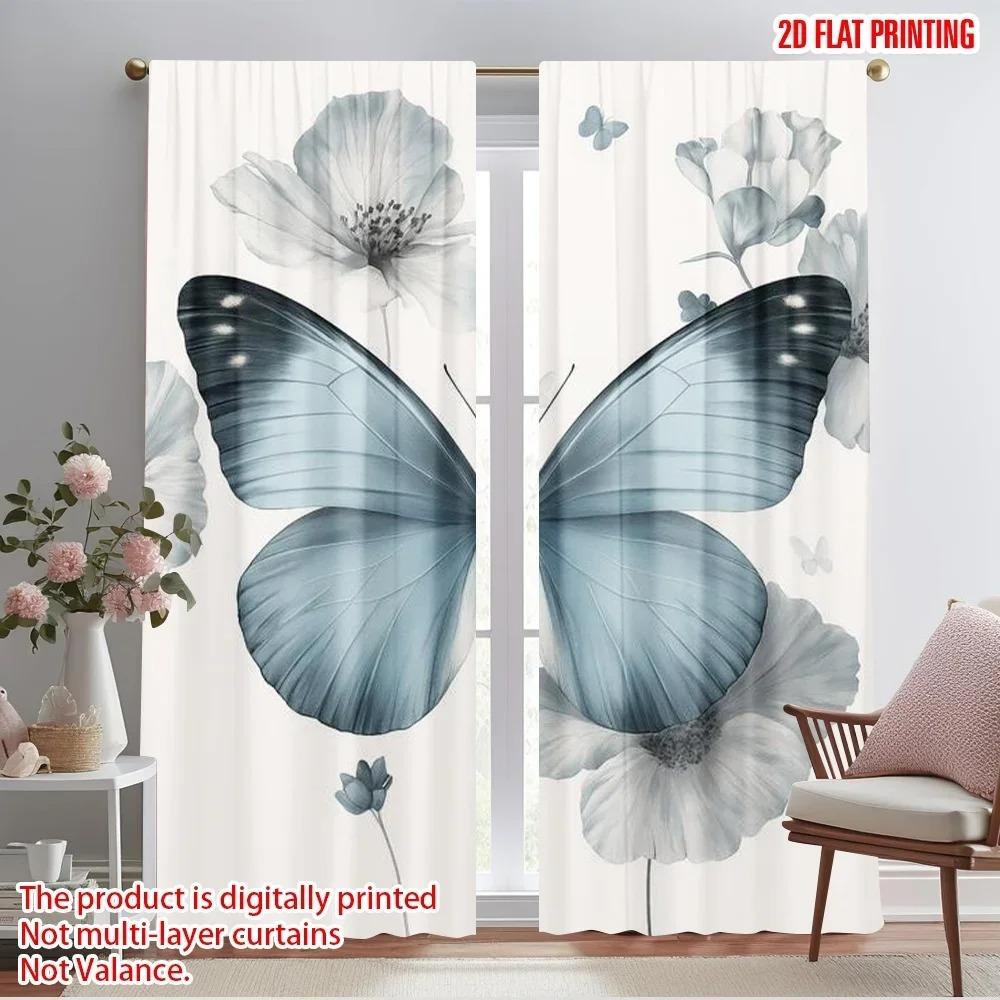 2pc,2D Plane Printing Light Filtering Curtains Blue Butterfly Bliss Durable Polyester (without Rod) Holiday for Bedroom Office