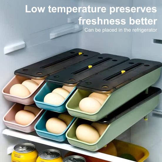 

Refrigerator Egg Storage Box Large Capacity Non-Slip Stackable Design Easy to Clean Automatic Sliding Egg Tray Dispenser синій