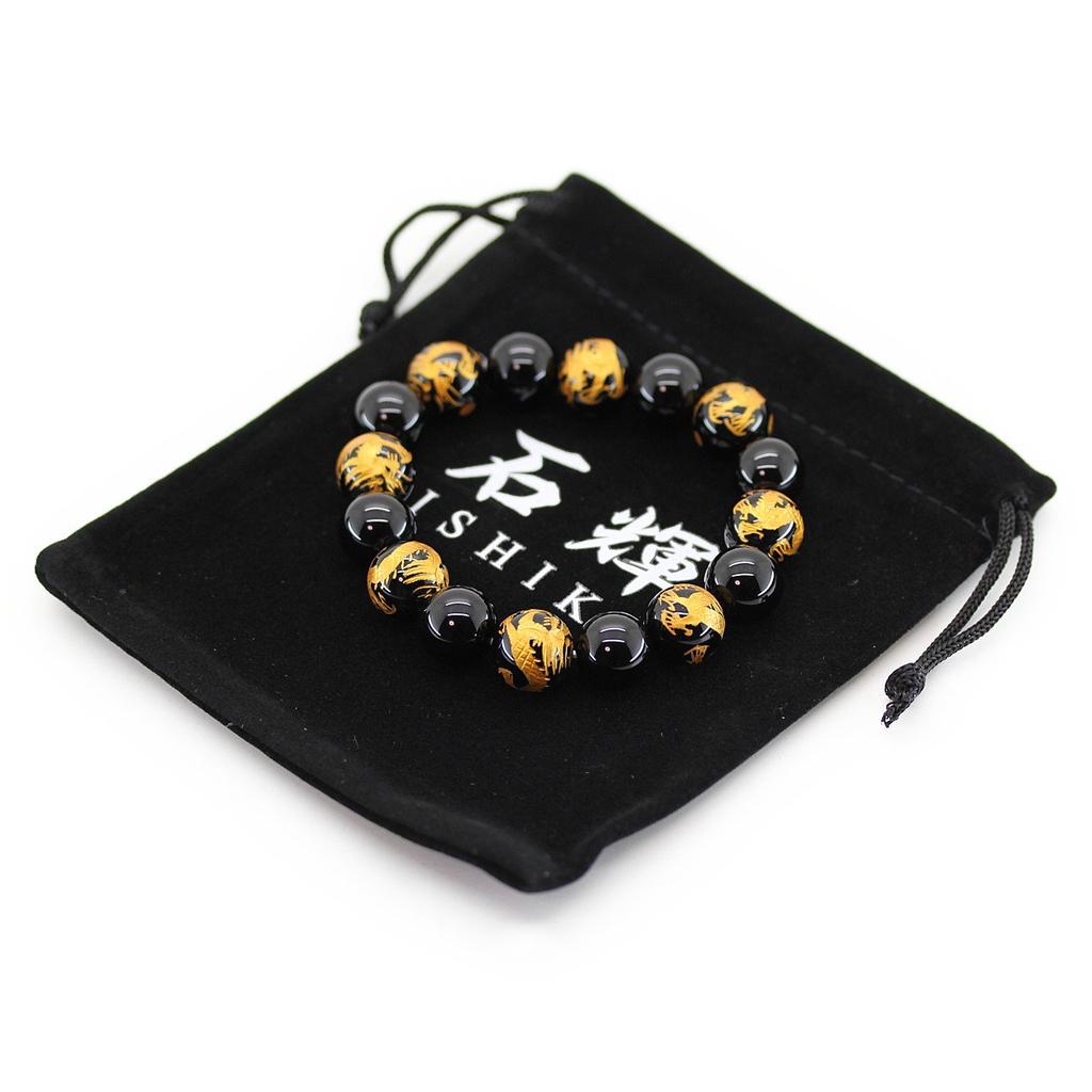 Onyx 12mm Zlatý Vyřezávaný Císařský Drak Onyx 12mm Náramek z Energetických Kamenů [Sekihui] [b434]