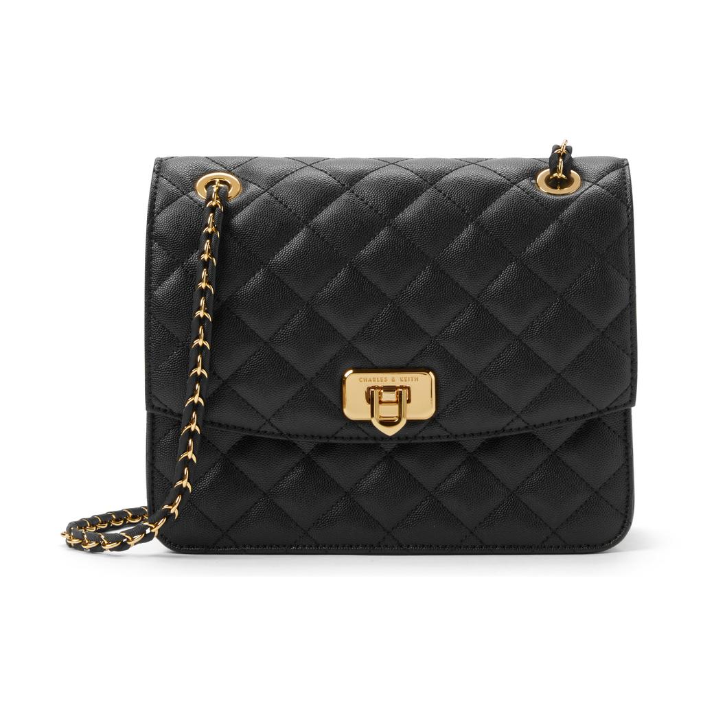 New CHARLES&KEITH PU Shoulder Bag Medium Size Women's Black/Beige /Cream CK2-70782173