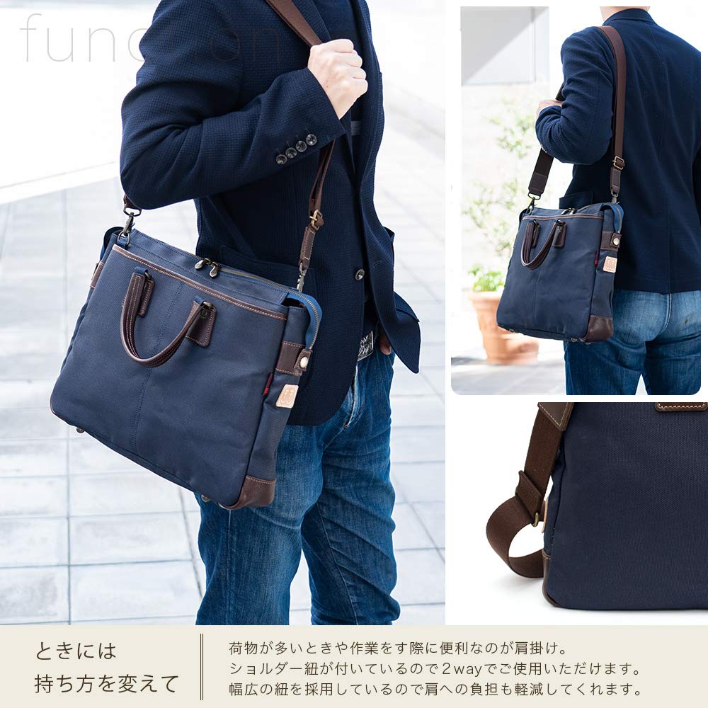 Creare Kiki Men's Lightweight A4 Size Tote Bag, Made In Japan, Japanese Style, Indigo and Persimmon Dyed Canvas and Leather Briefcase with Multiple