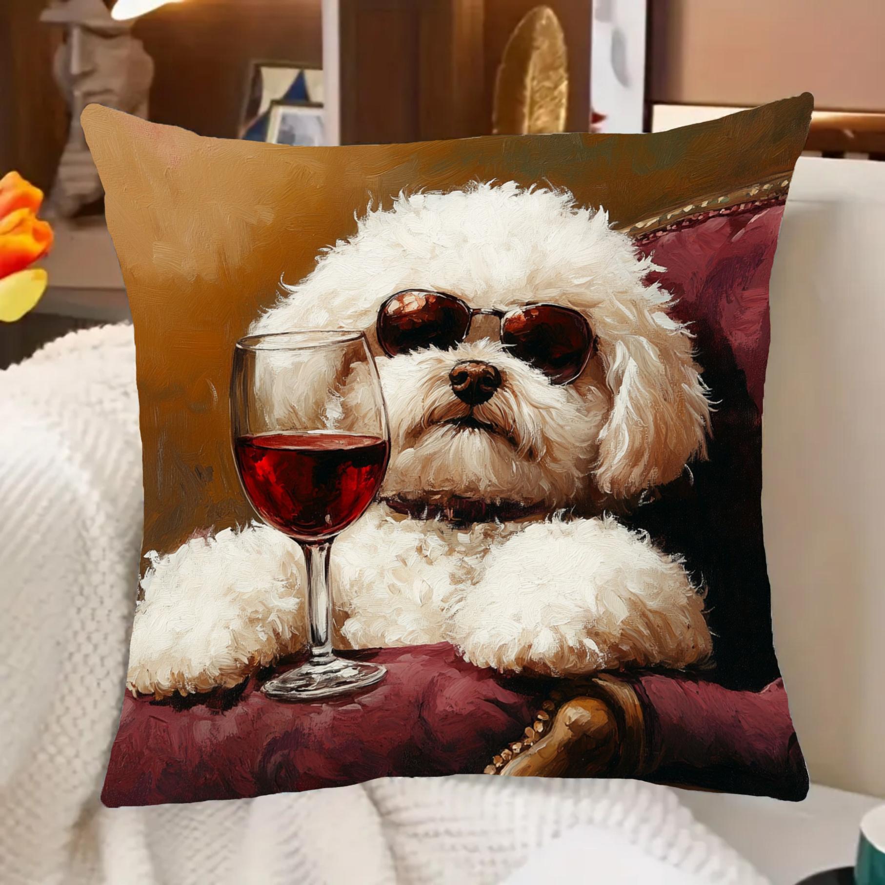 

Cool Dog with Sunglasses Pillowcase Red Wine Animal Cushion Cover Funny Puppy Art Decor Luxury Sofa Throw Pillow 40cmx40cm