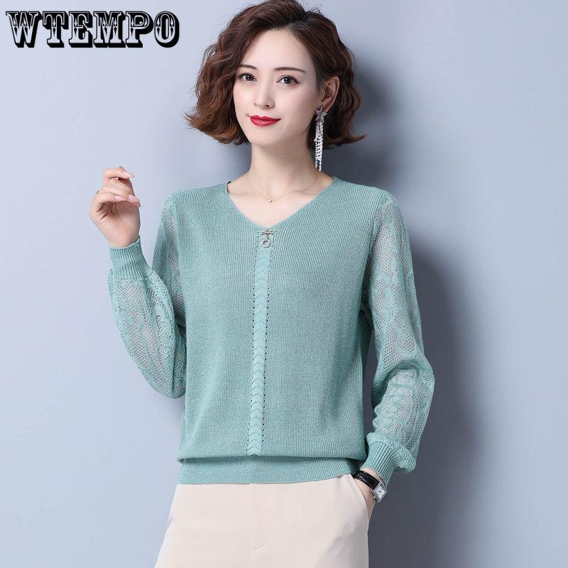 V-neck Sweater for Women Stylish Thin Knitted Sweater Solid Color Casual Pullover Top Loose Autumn Sweater
