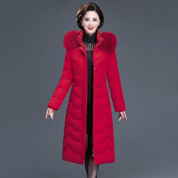 Damen Daunenjacke mit Kapuze Pelzkragen Mantel Große Größe Lang Schmal Geschnitten Baumwolle Gefüttert Winter Warm