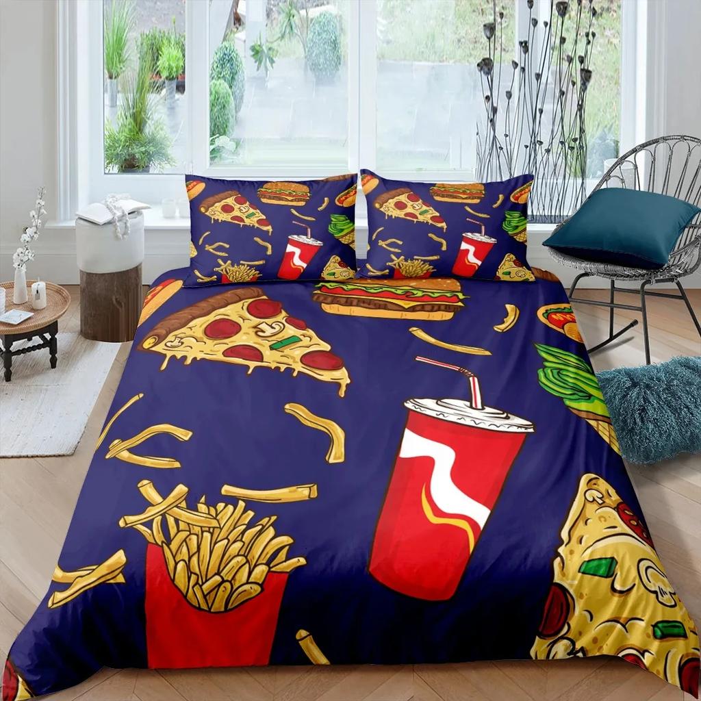 Americké Rychlé Občerstvení Povlečení Sada Velikost Full Pizza Hotdog Přikrývka Hamburger Potisk Ložní Souprava Hranolky Přikrývka