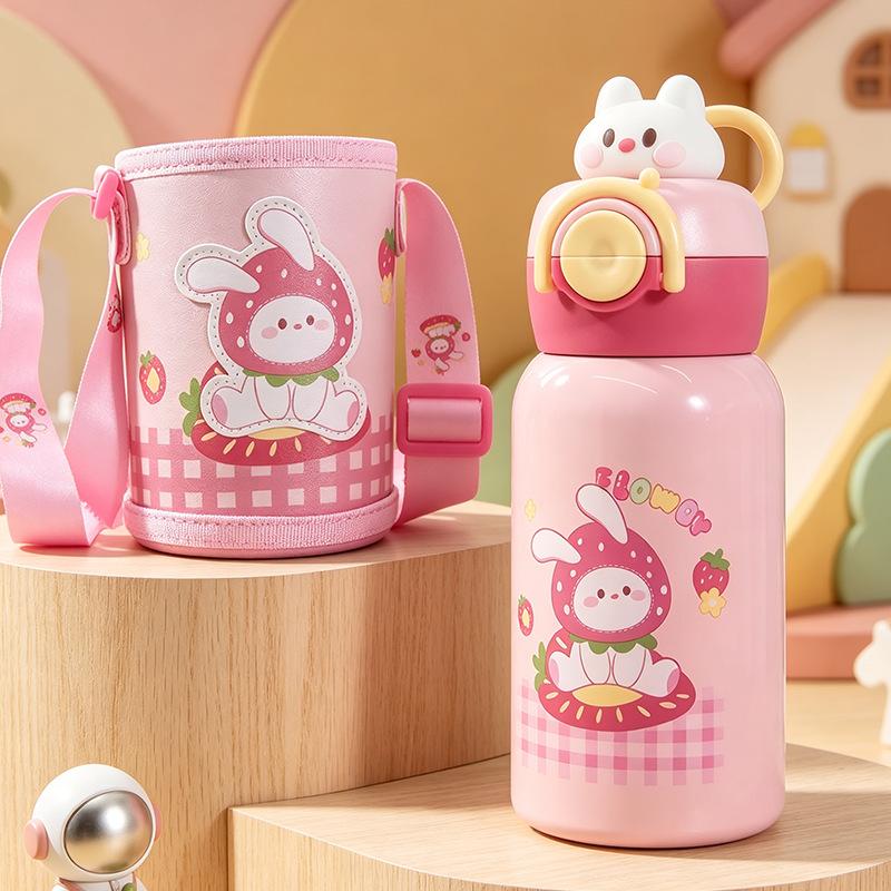 Cartoon leather cup cover bouncing 111 stainless steel thermos cup kindergarten baby drinking cup double cover straw cup