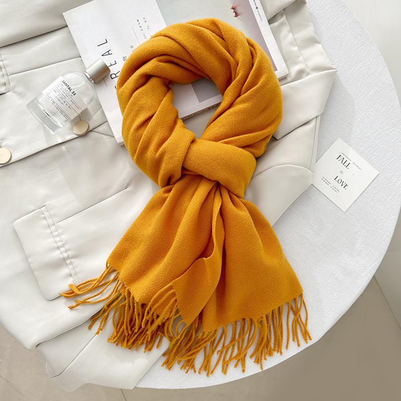 Scarf autumn and winter atmosphere solid color imitation cashmere women's temperament literary niche soft waxy warm fringed scarf shawl