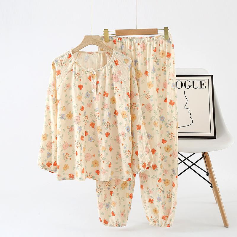 Pajamas Spring and Autumn pure cotton women's long-sleeved trousers thin cotton yarn round neck loose baby cotton Korean pullover loungewear