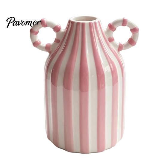 Artistic Home Atmosphere Vase Striped Ceramic Vase, Modern Glossy Hand Painted Flower with Double Fresh Cut Arrangement Ear Handles for Living