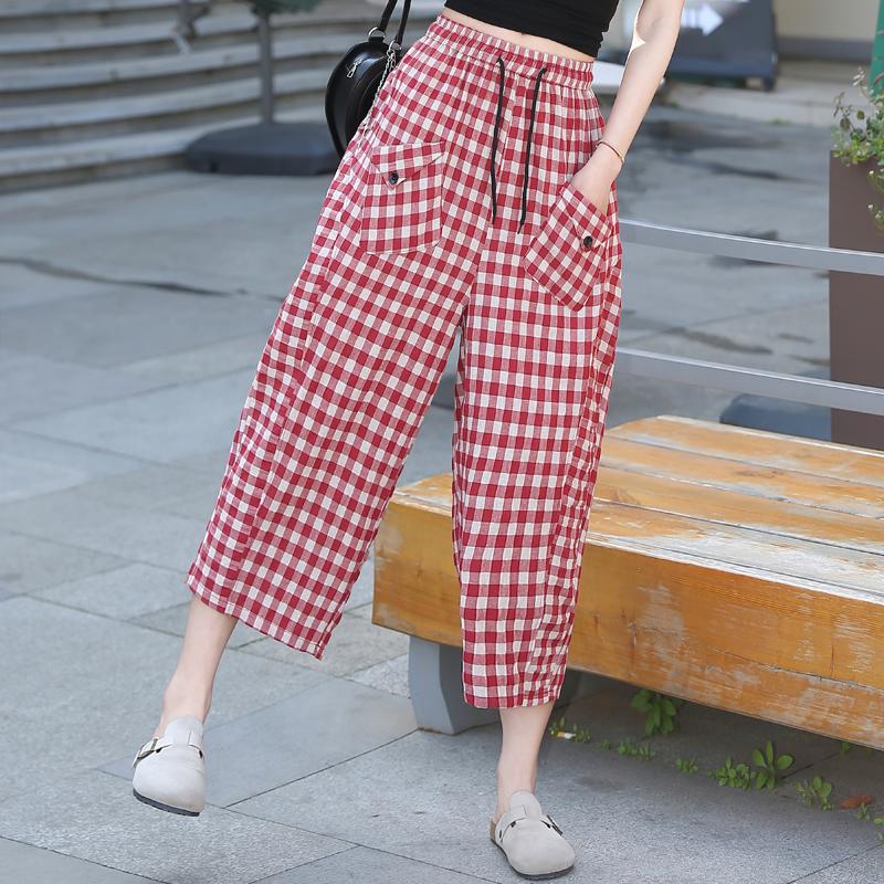 Lässige Sommer-Plaidhose Frau Übergröße Elegant Elastischer Bund Damenhose Vintage Kleidung
