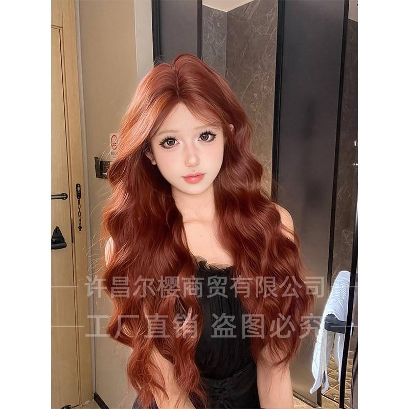 Womens Wig Long Curly Hair Orange Brown Water Wave Natural Realistic Full Lace Daily Use