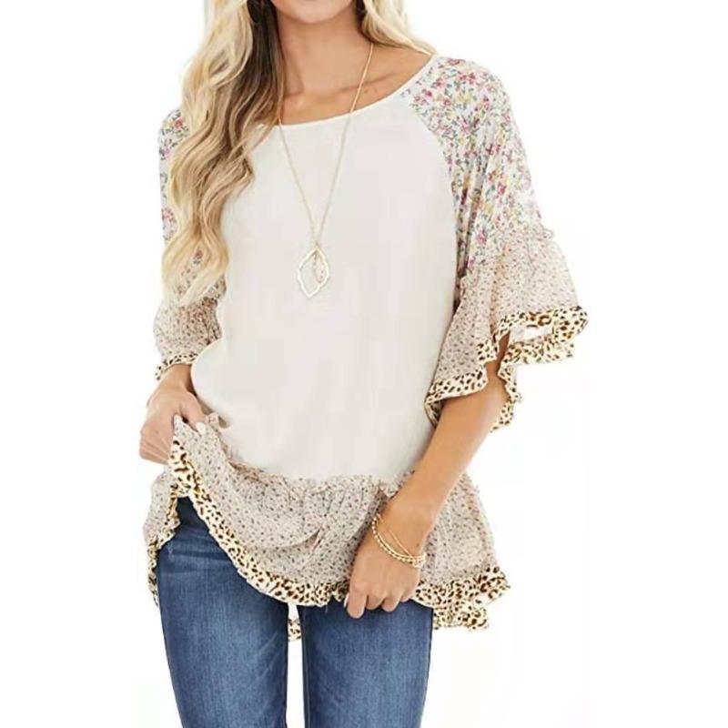QICED Spring Summer Women's Bat-sleeve Matching Color Leopard Print Floral Print Mid-sleeve T-shirt