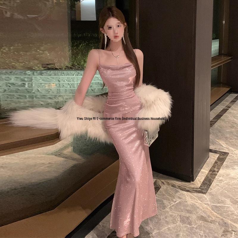 2024 Französisches Society-Glitzer-Rückenfreies Fishtail-Kleid für Damen