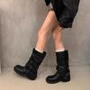 Comemore Vintage Chunky Heel Mid Thigh Boots Western Cowboy Stacked Shoes for Women Early Autumn Black Leather Mid Calf Botas