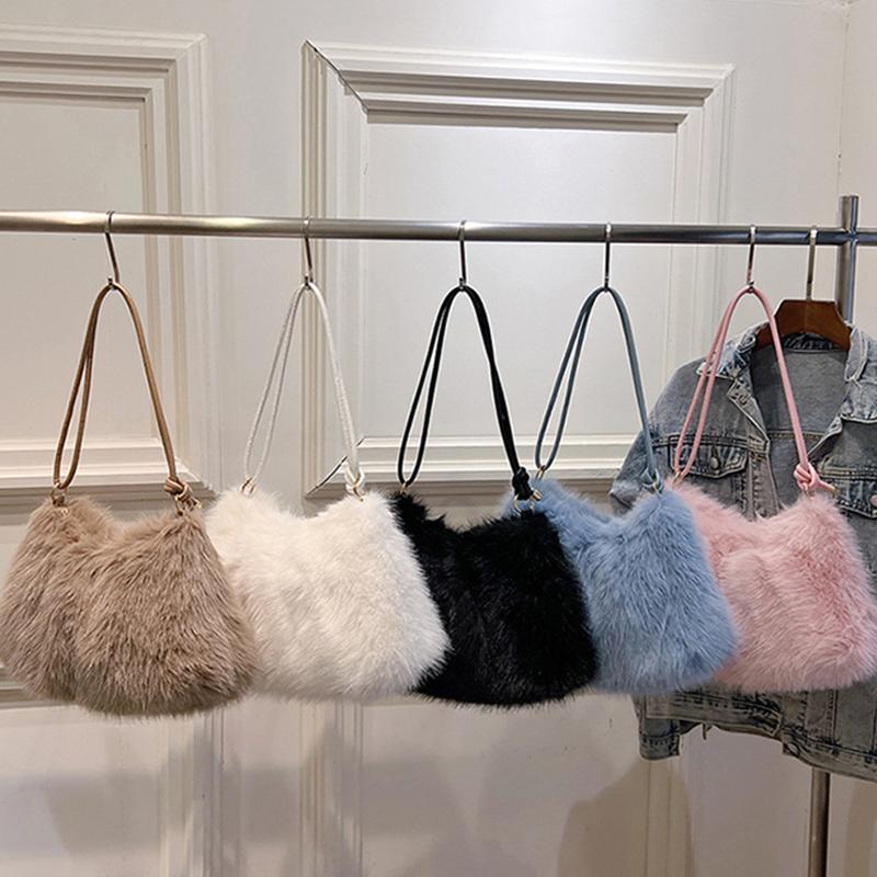 Luxury Furry Shoulder Bag Solid Color Soft Tote Bag Large Capacity Fluffy Clutch Bag