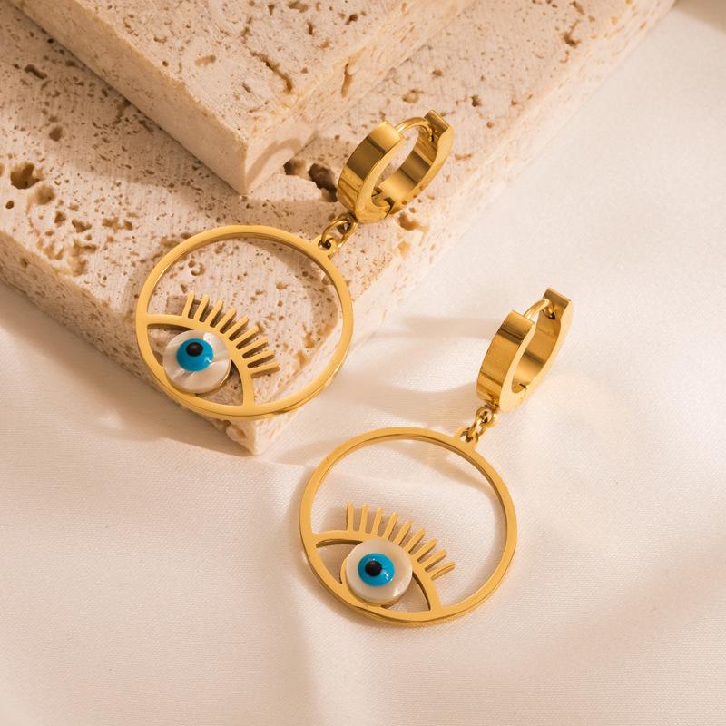 Women Simple Devil's Eye Drop Earrings Stainless Titanium Steel Crystal Drop Oil Smile Pendant Earrings Geometric Ear Ornaments