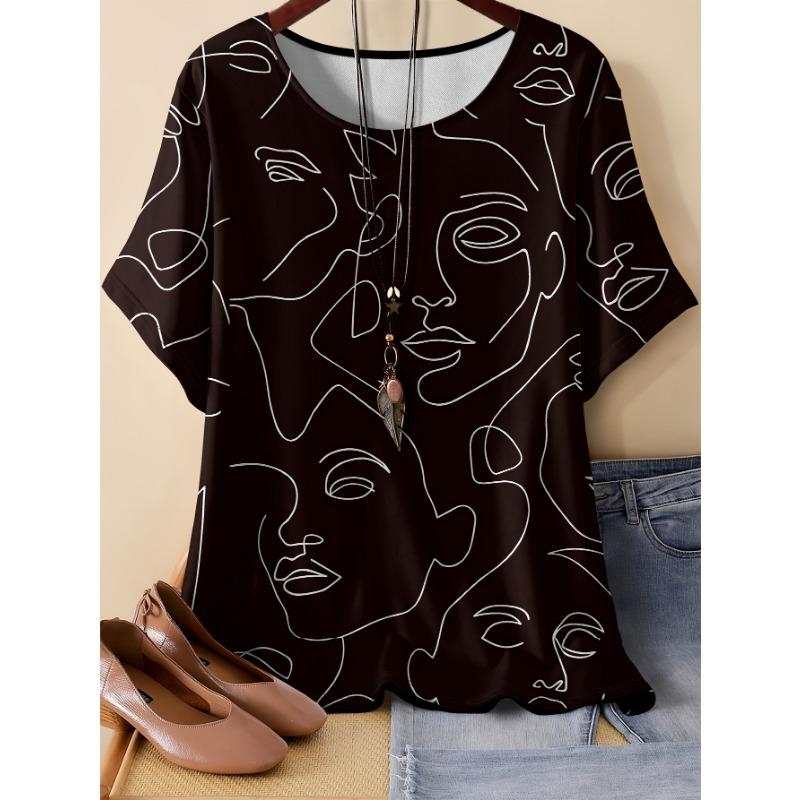 Large abstract printed round neck T-shirt, women s casual and comfortable loose short sleeved top, no accessories included S