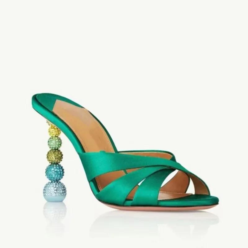 Fashion New Sweet Rhinestone 9.5cm Strange Style Heel Sandals Summer Elegant Banquet Wedding Brides Bridesmaids Women's Slippers 34-43