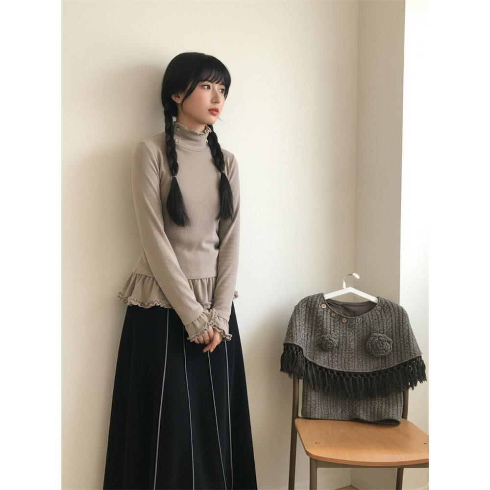 De Róng Women's Korean Style High Neck Lace Base Layer Top, Sweet Age-Reducing Design for Autumn/Winter, Long Sleeve, In Stock