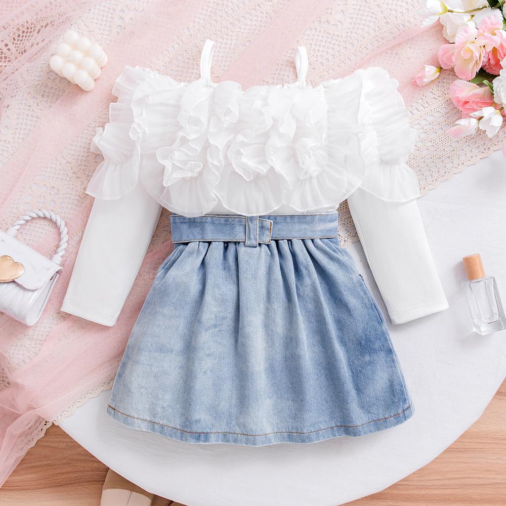 Girls' Fashionable Set Summer Children's Elegant Solid Color One-shoulder Strappy Long-sleeved Pleated Skirt Set