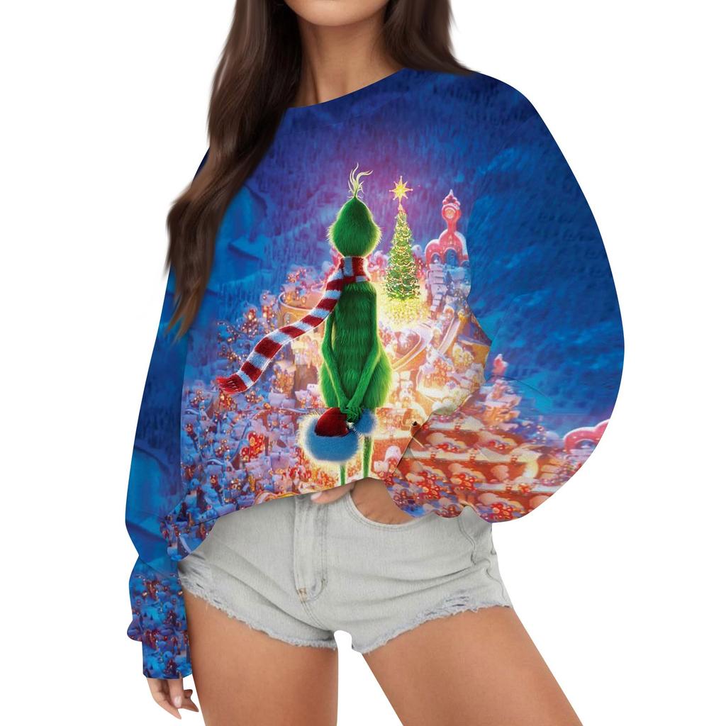 Women's Casual Fashion Christmas Print Long Sleeve Knit Sweatshirt Top