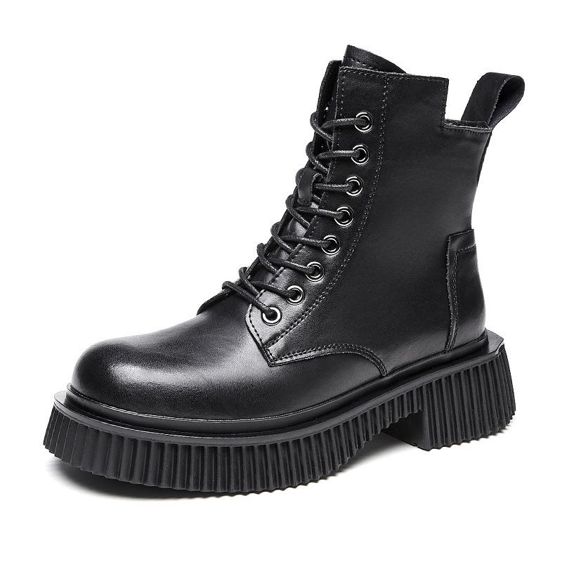 

Новые зимние женские кожаные короткие ботинки на шнуровке с круглым носком и средней длиной до икры на мягкой платформе в британском стиле, женские трендовые 40 чёрный