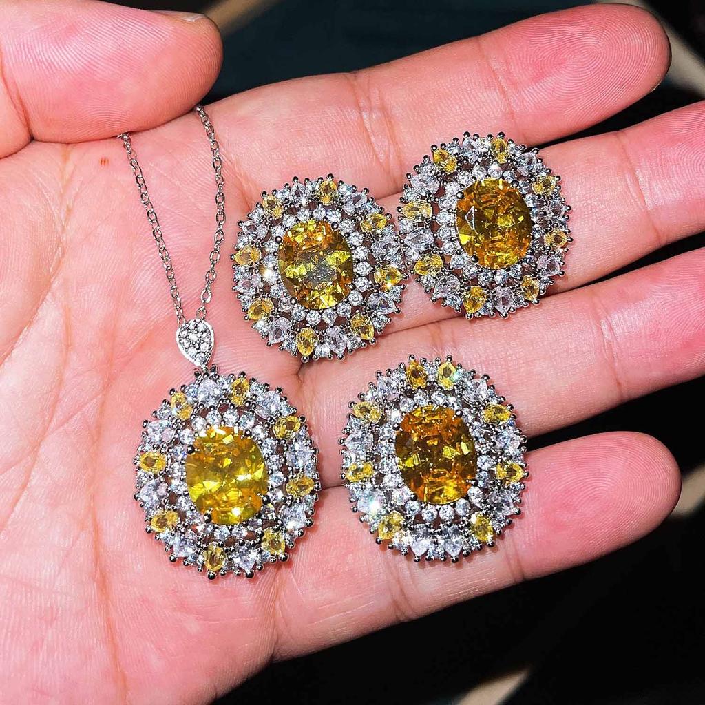 Boho Style copper Color Zircon Sets For Female Yellow Zircon Full Stone Necklace Ring Earrings Bridal Wedding Banquet Accessory