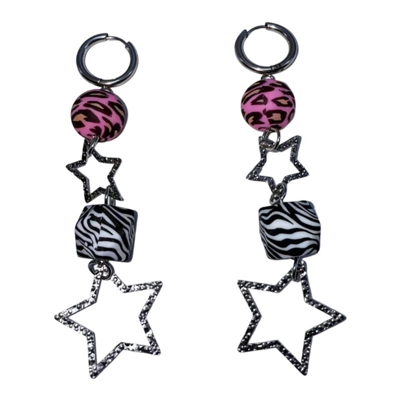 

Y2K Inspired Women s Drop Earrings Featuring Star and Dices Design with Zebras Leopard Print in Lovely Goth Punk Style 1