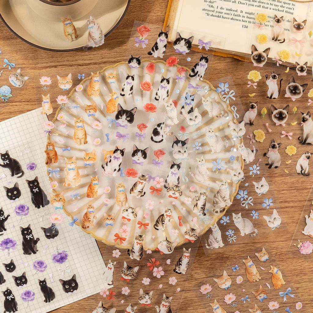 4 Styles Cute Cats Theme PET Stickers Hand Account For Scrapbooking DIY Collage Material Background Decoration Journal Supplies