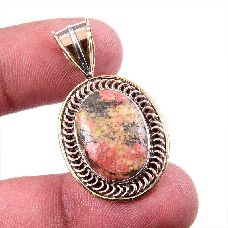 

Natural Unakite Gemstone 925 Solid Sterling Silver Two Tone Pendant 1.5 e2F78