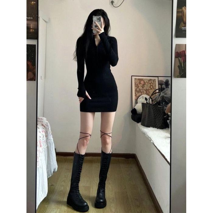 

Бархатное платье облегающего кроя с длинным рукавом в корейском стиле - Женская теплая мини-юбка, приятная к коже S for 75-85 lbs