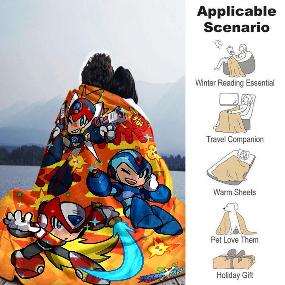 Mega Man X Dive Cartoon Art Flannel Blanket Super Soft Warm Cozy Blanket for Sofa Bed Office Travel All‑Season Home Decor Gift