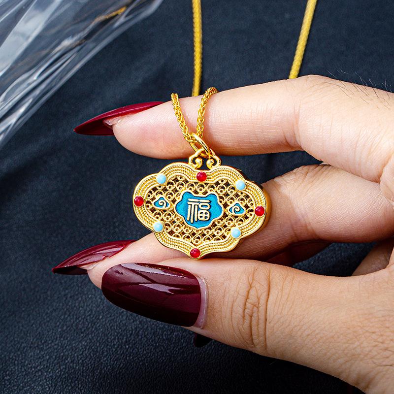 National Tide Dripping Oil Ruyi Lock Female Blessing Word Xiangyun Retro Jewelry Necklace Pendant