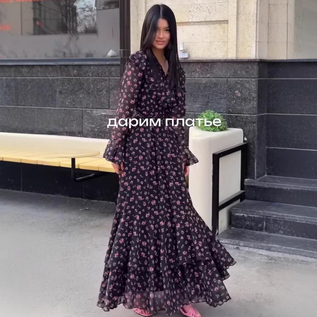 European-American Bell Sleeve Printed Evening Dress - Sexy, Stylish French Style Women's Clothing.