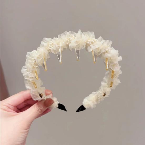 Women Headband Non-Slip Wide Headband with Inverted Tooth Comb Pearl Embellishments Layered Mesh