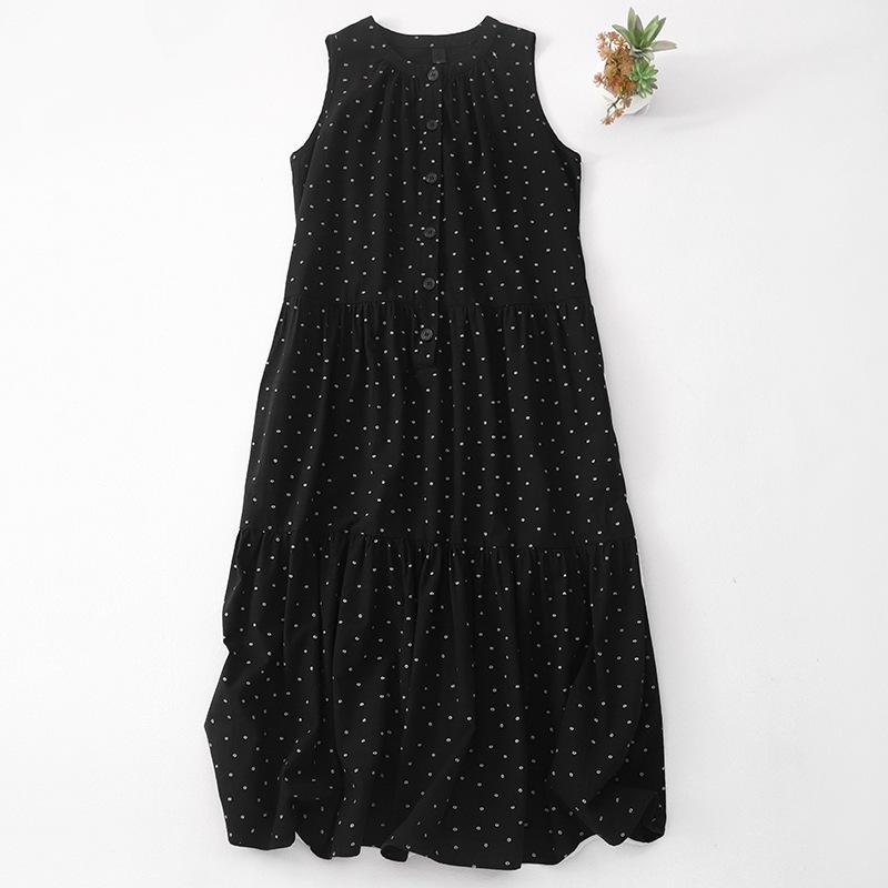 

2025 весна и лето новое платье женское без рукавов цветочное свободное платье-жилет в отпускном стиле с круглым вырезом из хлопка и льна длинное платье 2XL