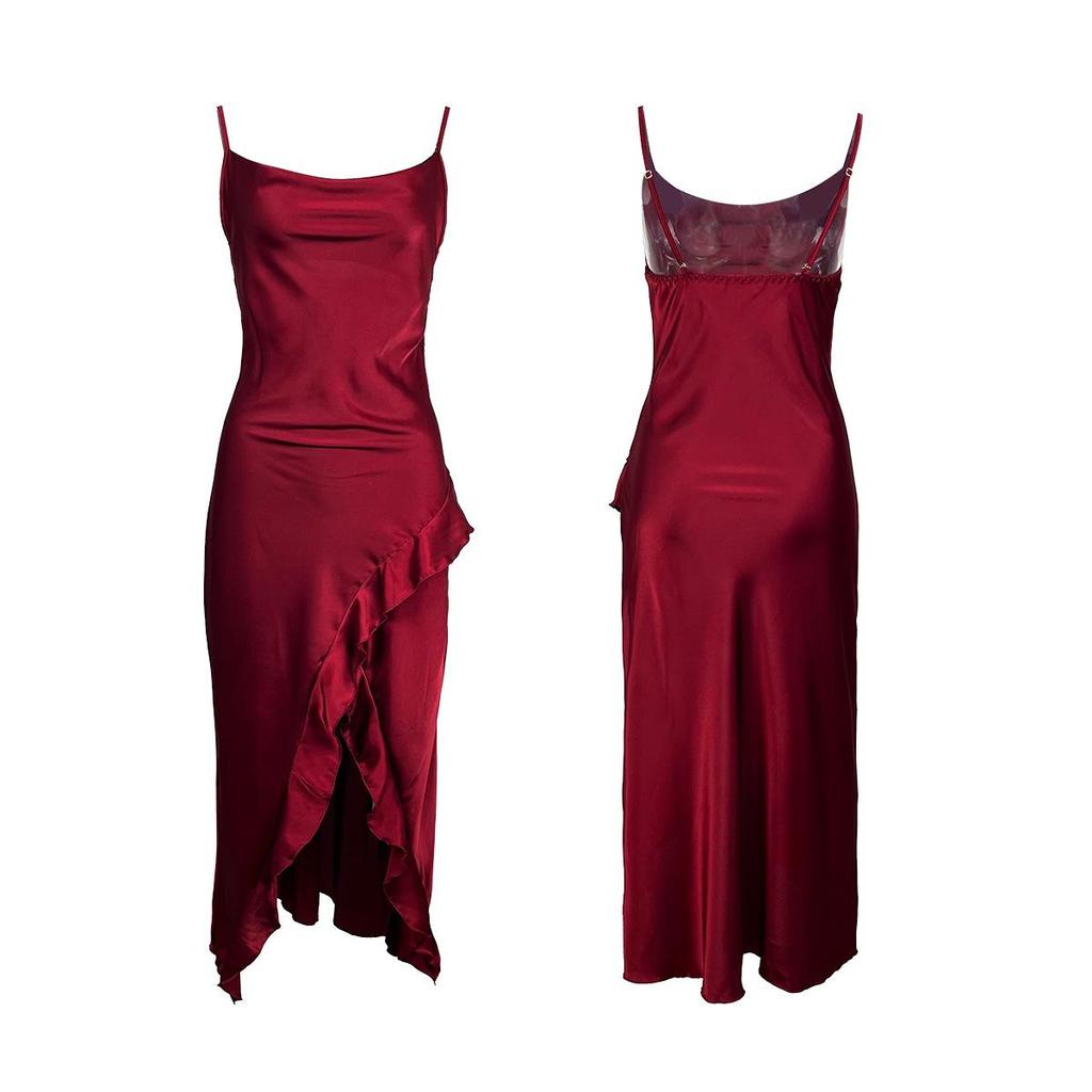 Schickes Spaghettiträger-Nachthemd mit Rüschensaum und Schlitz - Mehrfarbige Loungewear