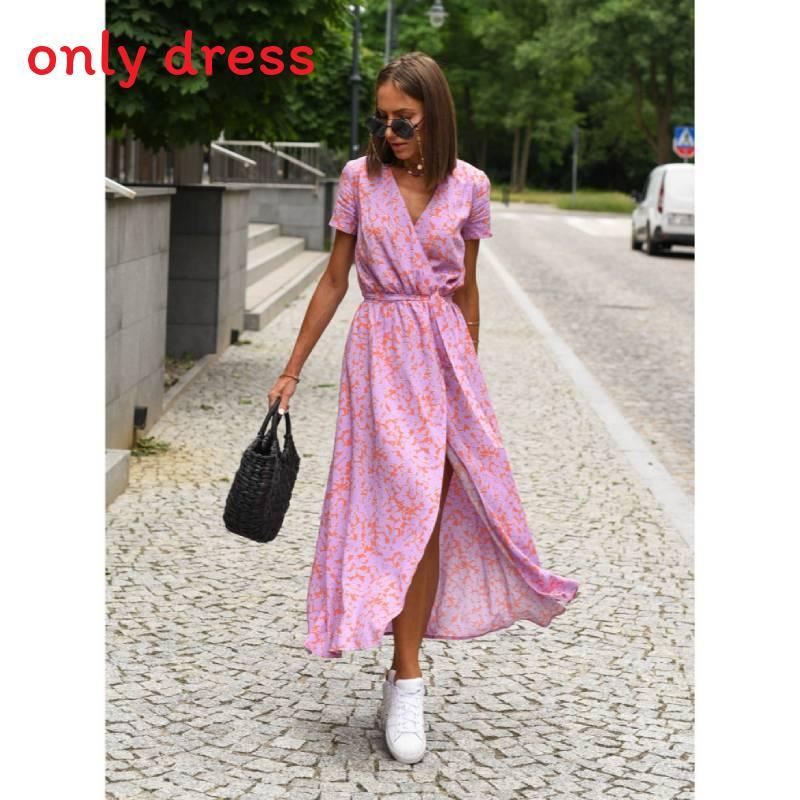 Euro Style Short Sleeve V Neck Printed Dress With High Waist For Summer Streetwear
